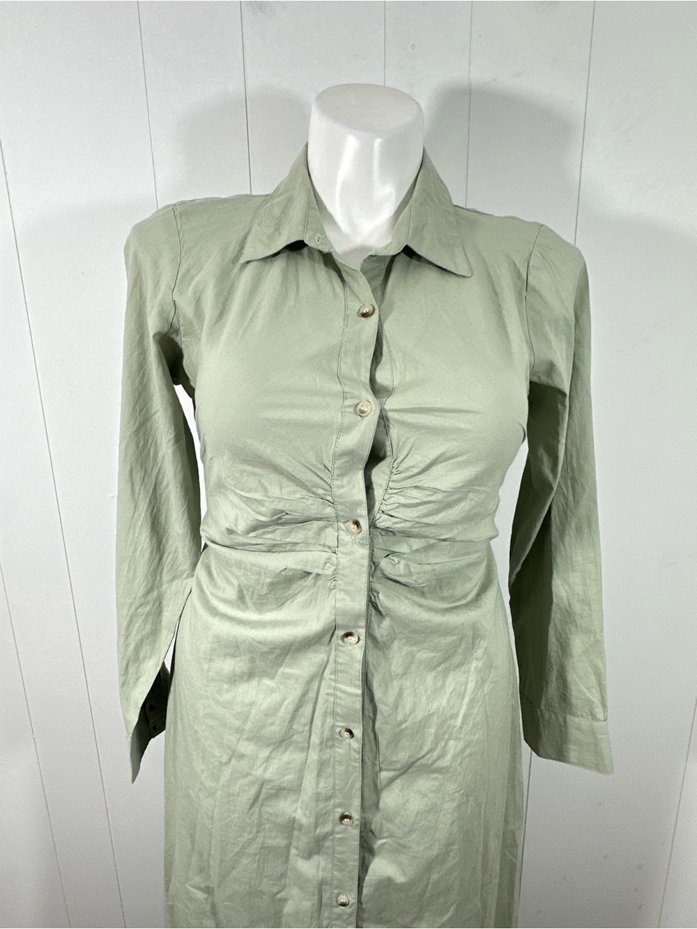 NEW Sim & Sam XL Dress 100% Cotton Midi Sage Green Long Sleeve Button Front - Picture 2 of 16